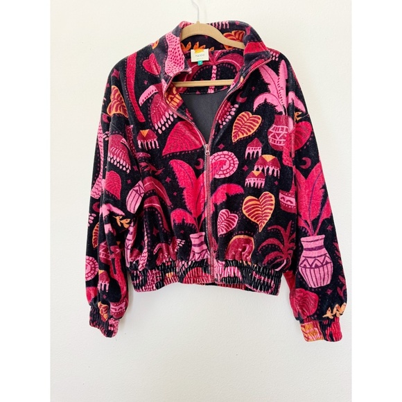 FARM RIO Black Tropical Magic Plush Velvet Bomber Jacket Back Pink S - Picture 4 of 11